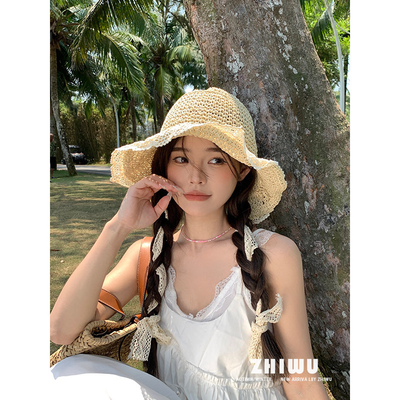 ZHIWU~法式甜美风镂空草帽女夏季海边沙滩拍照系带大檐加深遮阳帽