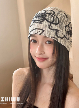 ZHIWU~春夏时髦搭配~设计感轻薄玫瑰花蕾丝堆堆帽女辣妹风包头帽