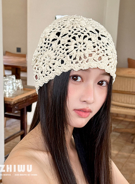 ZHIWU~轻法庄园风~春夏手工编织包头帽女镂空针织帽堆堆帽度假风