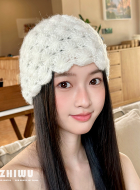 ZHIWU~春秋法式搭配~甜美奶白色立体花朵针织帽女度假拍照帽子