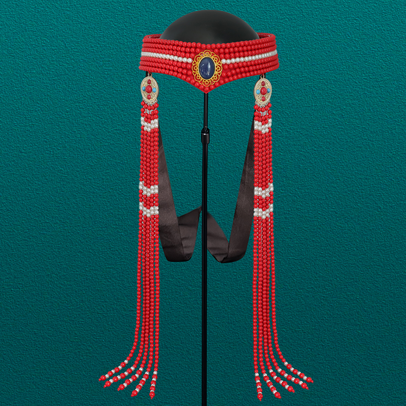 蒙古族红色头饰民族风发饰品额头链子流苏高端舞蹈演出摄影走秀