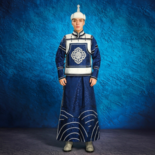 新款男士时尚拍照蒙古袍婚礼新郎伴郎父母敬酒舞蹈演出服蓝白色