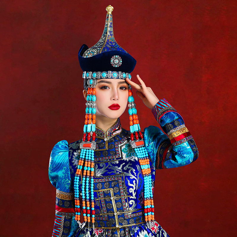 蒙古女士蓝色妆造帽子内蒙古民族舞蹈演出高端婚礼摄影走秀饰品