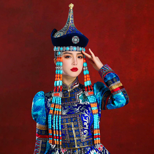 蒙古女士蓝色妆造帽子内蒙古民族舞蹈演出高端婚礼摄影走秀饰品