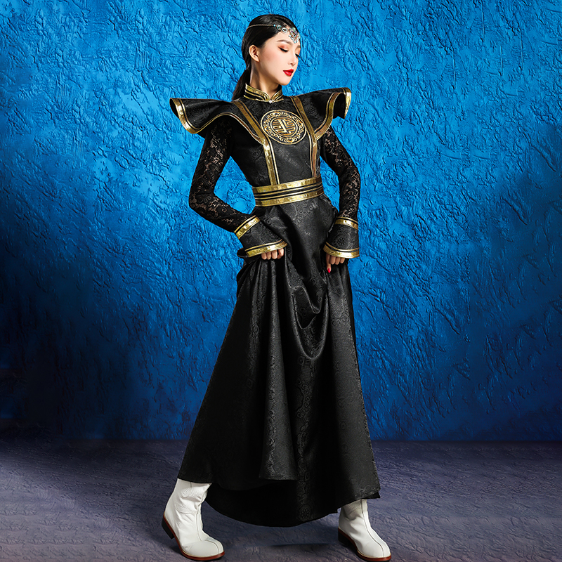 女蒙古袍黑色连衣裙内蒙古高端民族服舞蹈演出摄影礼仪婚礼服