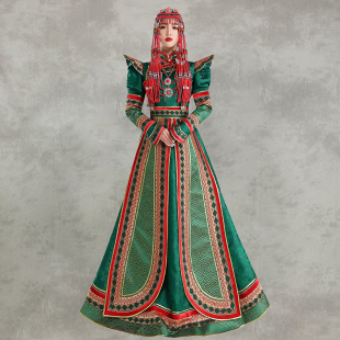 原创女蒙古袍绿色走秀演出连衣裙高端蒙古袍传统王妃福晋元朝服饰