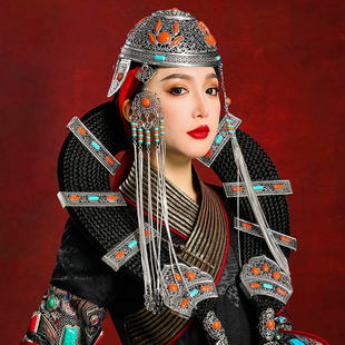 蒙古贵族宫廷头饰传统牛角帽子辫子宝石高端饰品写真演出元朝服饰