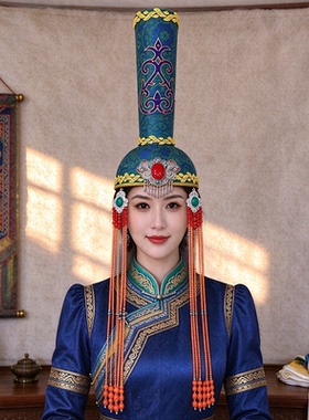 原创蒙古族蓝绿色高筒帽子民族风流苏高级感设计感婚礼走秀头饰品