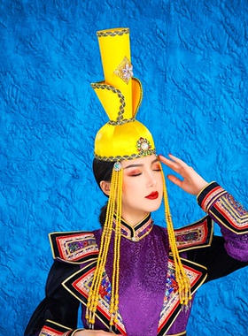 蒙古族女士黄色高筒帽子少数民族风国风古典头冠走秀头饰摄影写真