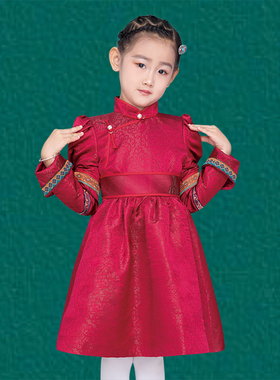儿童女孩子红色蒙古袍民族礼服演出服连衣公主蓬蓬裙舞蹈主持人服