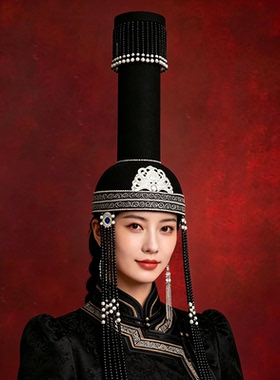 蒙古族高筒帽子女款黑色少数民族风新款高端手工舞台演出发饰旅拍