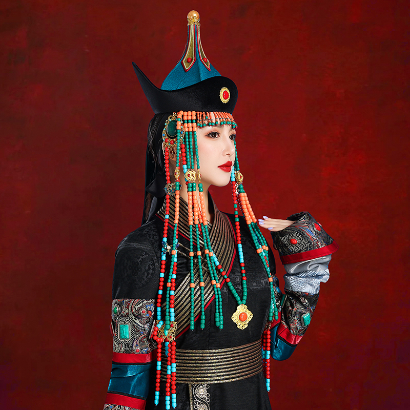 深蓝色成人蒙古民族风流苏头饰蒙古舞蹈演出发饰额饰帽子