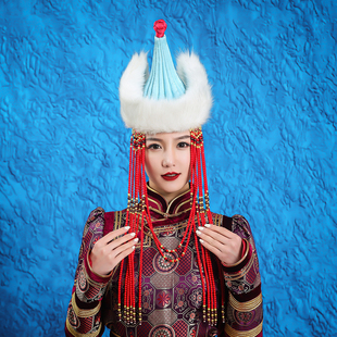 蒙古族女元朝走秀民族舞蹈演出服蒙古高端精致时尚毛毛头饰帽子