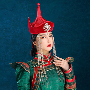 原创蒙古族女士红色网红旅拍新娘帽子舞蹈演出高端婚礼写真头饰品