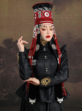 蒙古族女士红色设计感银碗复古帽子内蒙古演出传统走秀婚礼头饰