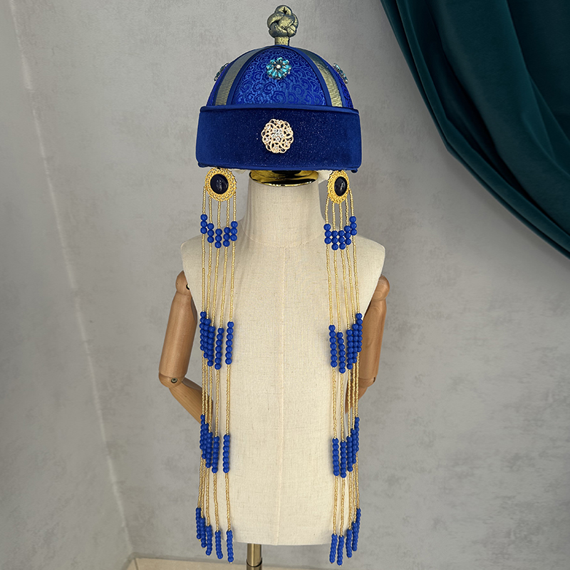 蒙古女士成人儿童珠珠流苏蓝色帽子内蒙古舞蹈演出发饰品头饰