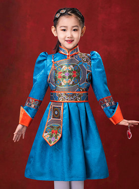 儿童女孩子蓝色蒙古袍礼服小学生中大童班服演出服生活装连衣裙