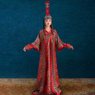 原创女王妃蒙古袍红色元朝贵族服饰两件套连衣裙内蒙古舞蹈演出服
