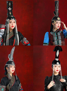 黑色蒙古族帽子集锦高筒走秀婚礼演出旅拍高级感高顶设计感头饰