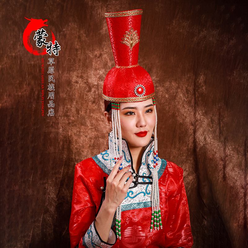 女士蒙古族特色高帽子舞蹈帽演出帽蒙古袍配饰尖顶演出头饰公主帽