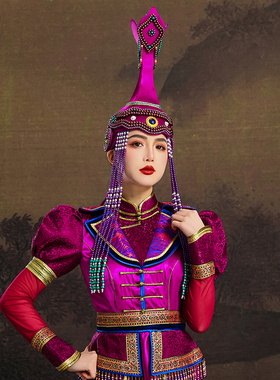 蒙古族女士紫色帽子流苏内蒙古民族舞蹈摄影高端演出婚礼走秀帽子
