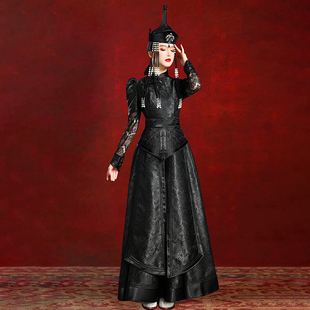 女蒙古袍黑色连衣裙内蒙古高端民族服舞蹈演出摄影礼仪婚礼服