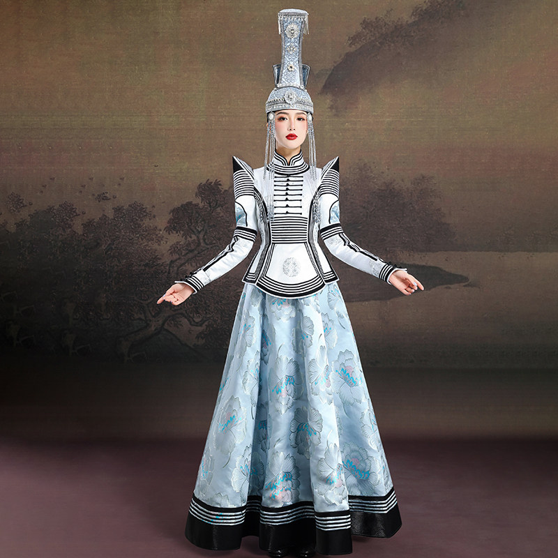 女士蒙古袍银白色连衣裙内蒙高端民族服舞蹈演出摄影礼仪走秀婚礼