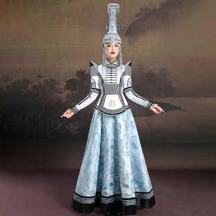 原创女士蒙古袍银白色高级感连衣裙内蒙民族服舞蹈演出走秀婚礼