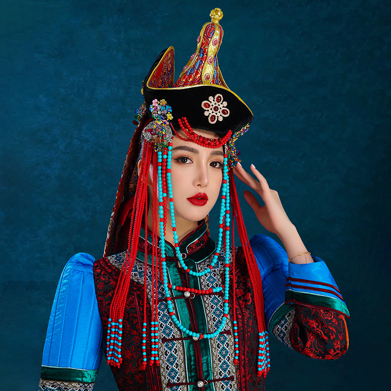 蒙古女士红色妆造帽子内蒙古民族舞蹈演出高端婚礼摄影走秀头饰品
