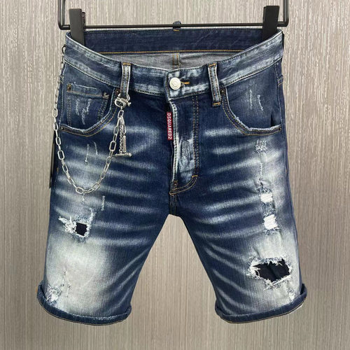 短牛仔裤男装夏天半裤破洞猫须五分裤潮流丹宁纽扣磨白uomo plein