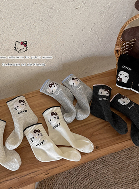女童袜子秋冬无骨中筒袜儿童韩版ins卡通可爱KT猫中筒袜百搭棉袜
