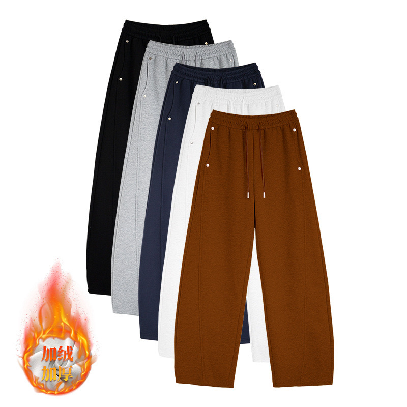 藏青色弯刀加绒卫裤女秋冬显瘦宽松休闲运动直筒阔腿香蕉镰刀裤子