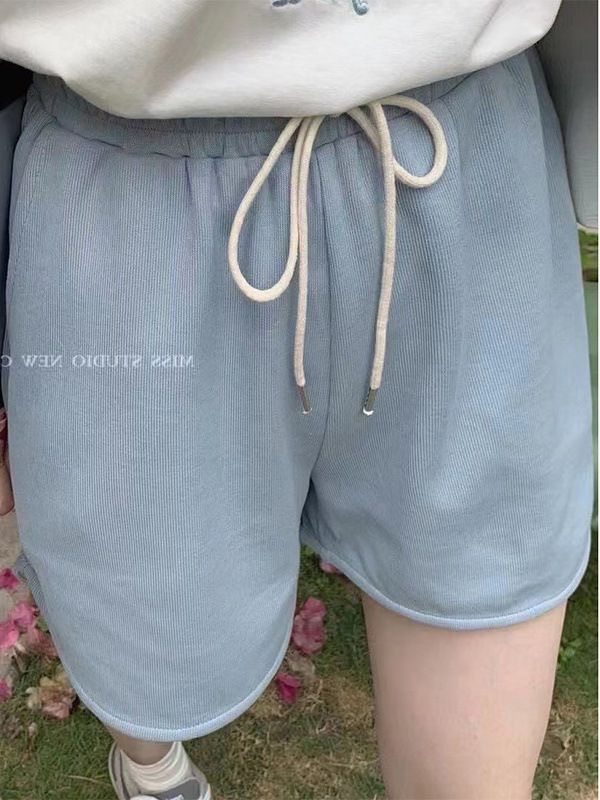 2024夏季新款松紧高腰棉休闲运动短裤女纯色裤子宽松系带阔腿热裤