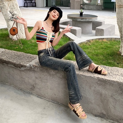 美式复古低腰显瘦微喇牛仔裤女秋冬季高个子加长做旧拖地裤子高街