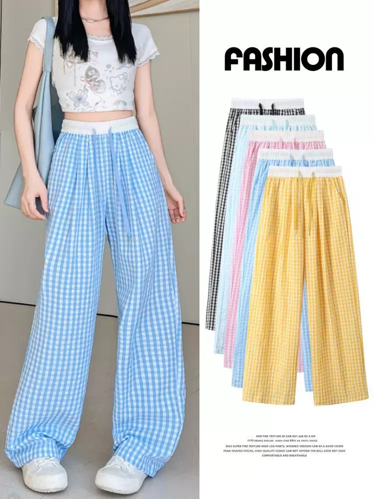 蓝色格子裤子女春夏2025新款高腰多巴胺山本裤子小个子休闲阔腿裤