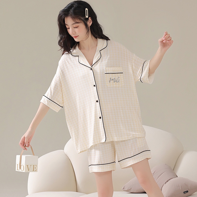 23新款睡衣女夏季薄款纯色短袖短裤开衫可外穿女士冰丝家居服套装