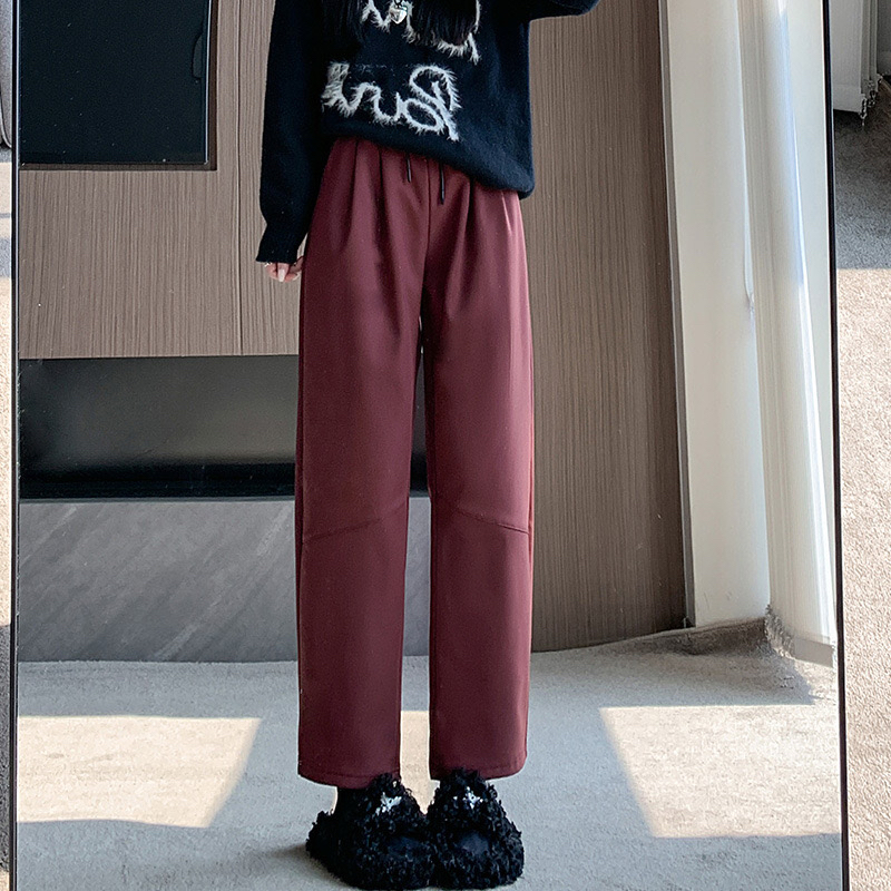 2024秋冬加绒牛仔丝西装布直筒休闲裤高腰香蕉裤设计感阔腿长裤子