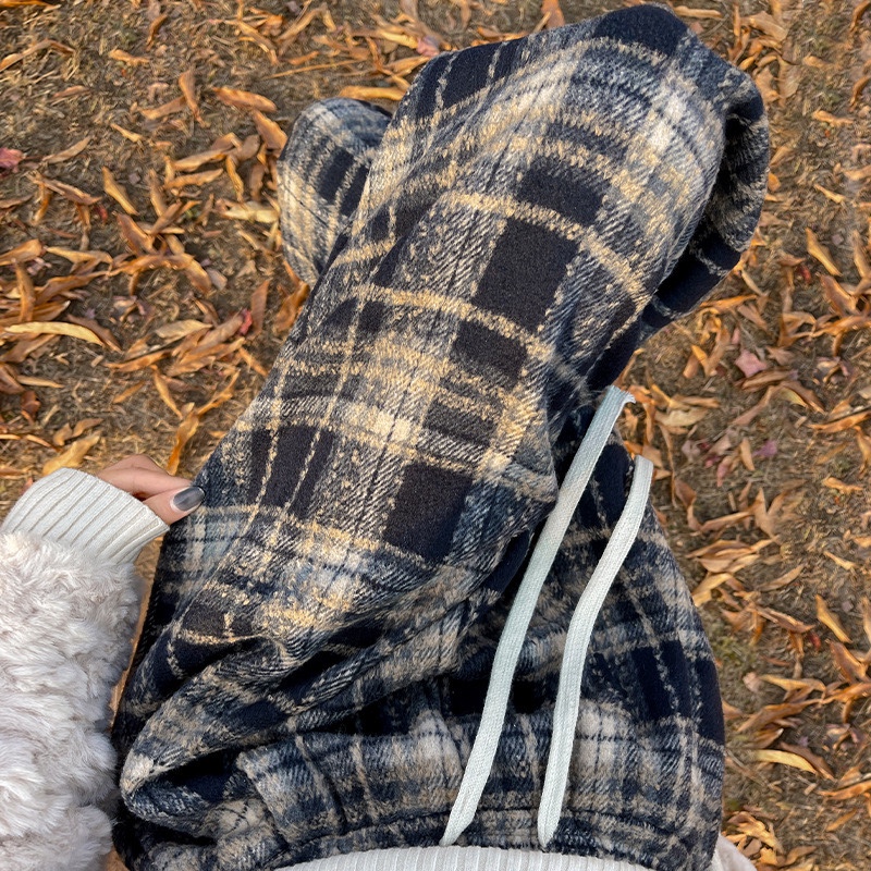 加绒加厚毛呢格子休闲裤女秋冬季高腰直筒裤宽松阔腿裤子拖地长裤