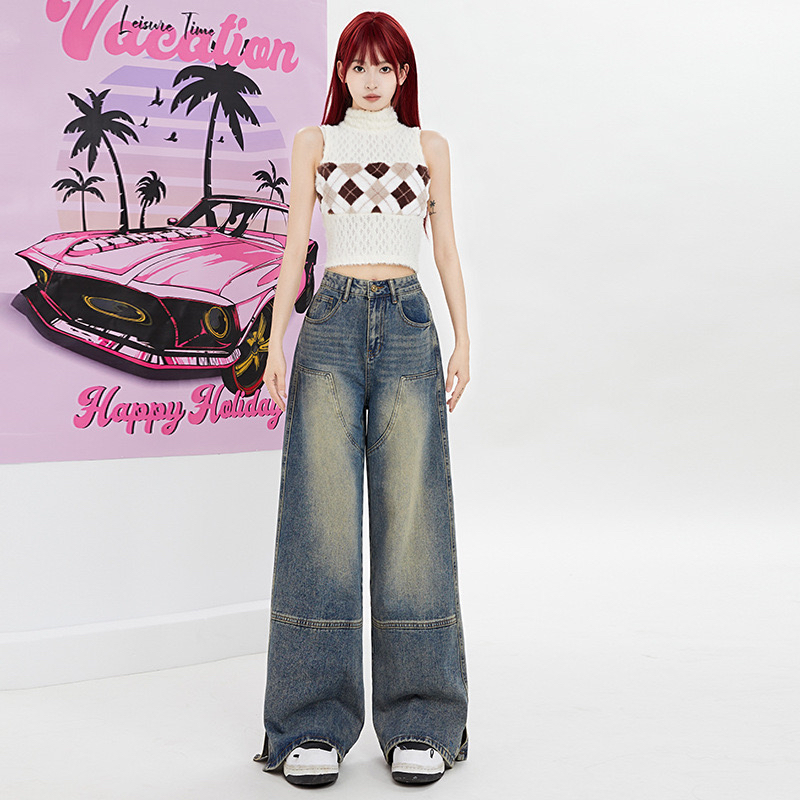 水泥灰高腰阔腿牛仔裤女显瘦宽松2024夏季新款直筒垂感设计感裤子