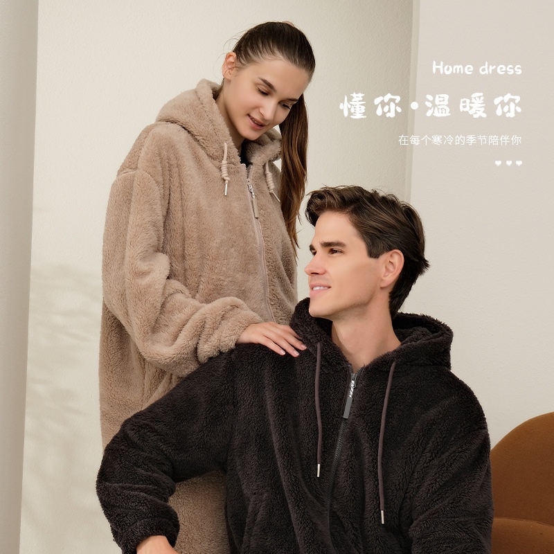 新款睡衣女冬季加绒加厚情侣珊瑚绒宽松拉链连帽外穿家居服两件套