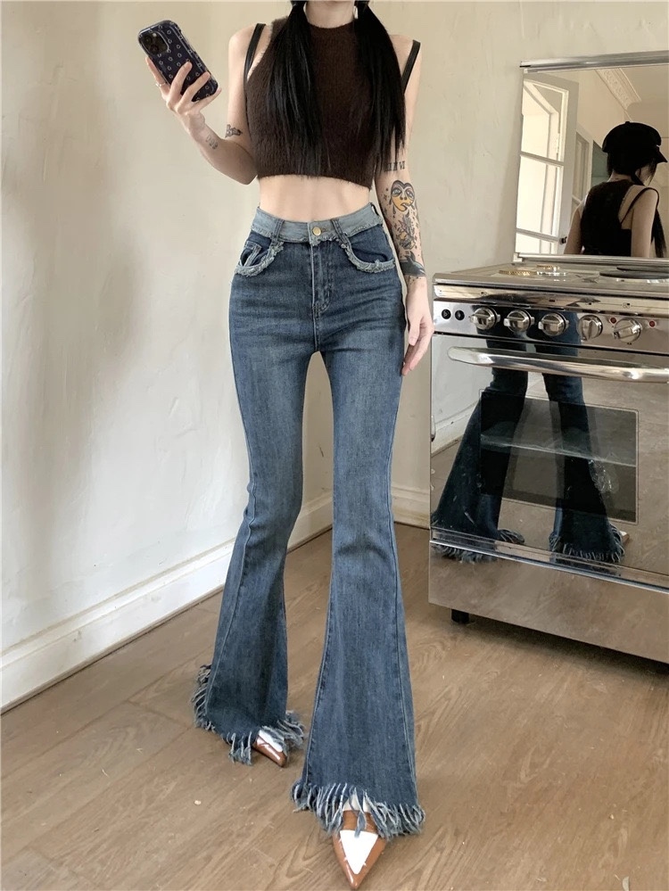 高腰 微喇 牛仔裤弹力毛边微喇叭牛仔裤女辣妹高腰显瘦修身长裤子