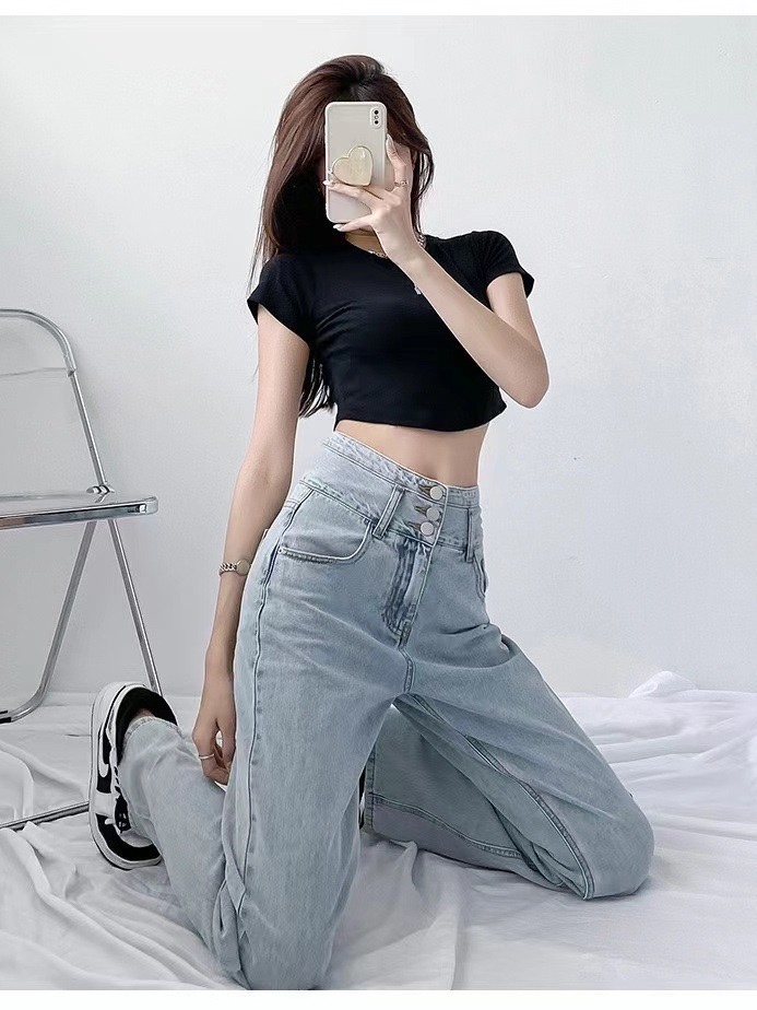 复古牛仔裤女夏季薄款直筒宽松高腰设计感小众垂感阔腿裤子潮ins