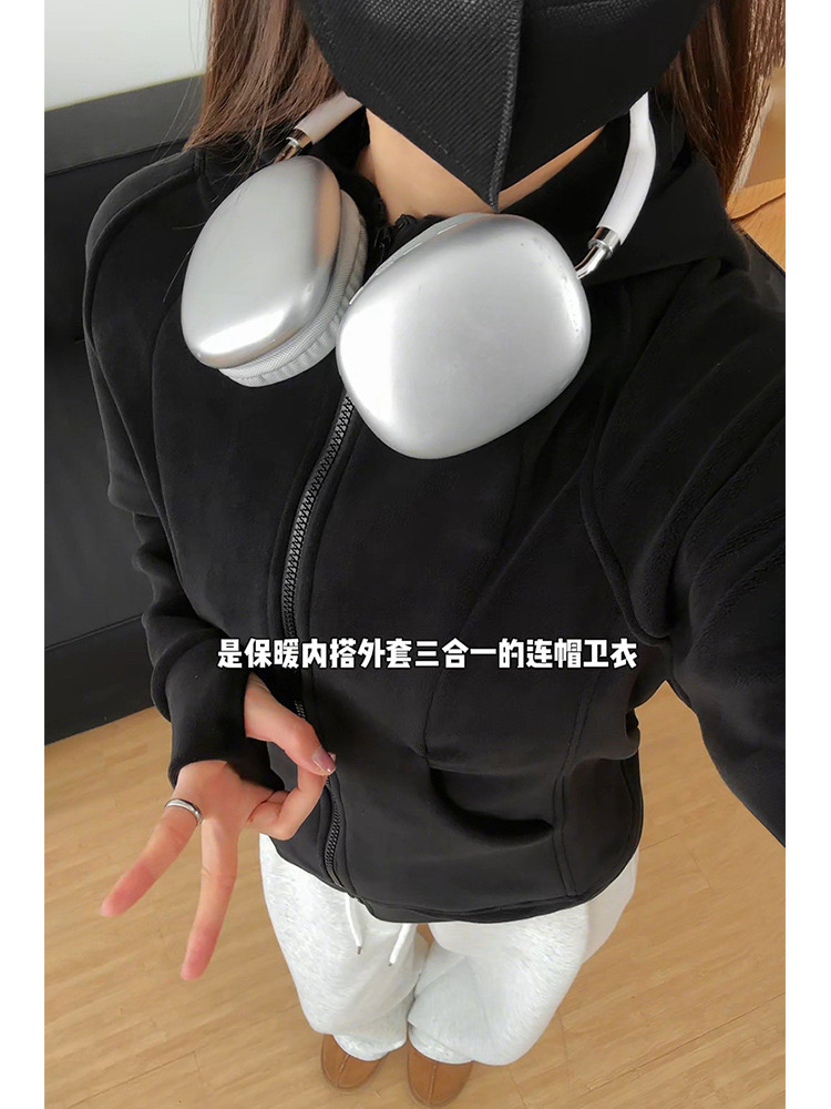 修身摇粒绒连帽卫衣女春秋新款开衫奥粒加绒外套春秋款可内搭上衣