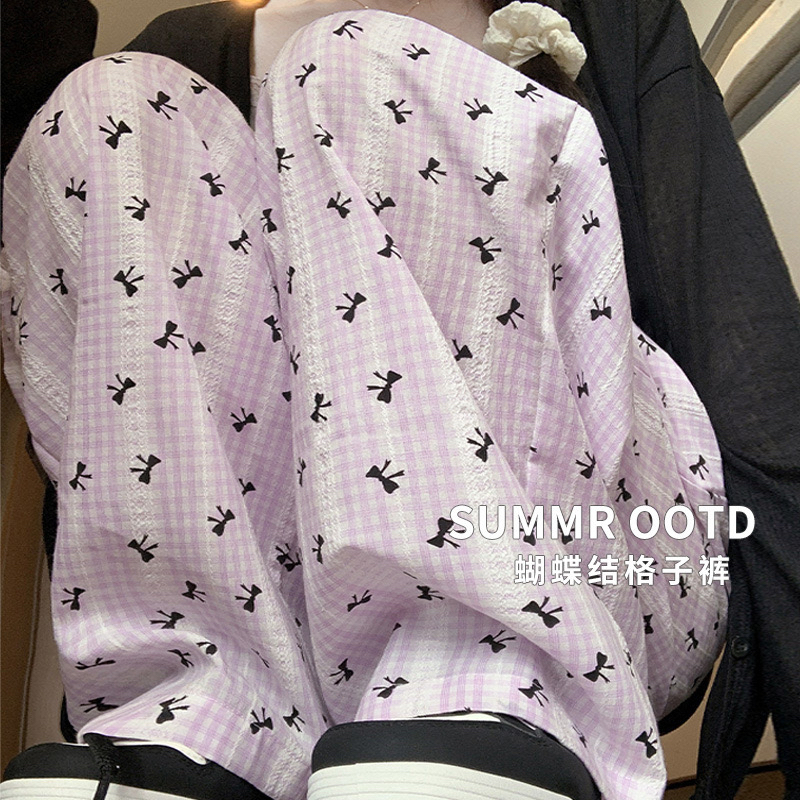 多巴胺蝴蝶结格子阔腿裤女夏季韩版ins高腰宽松直筒遛弯休闲裤子