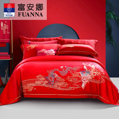 【富安娜婚庆】60支长绒棉贡缎新中式国风婚庆六件套龙凤天禧