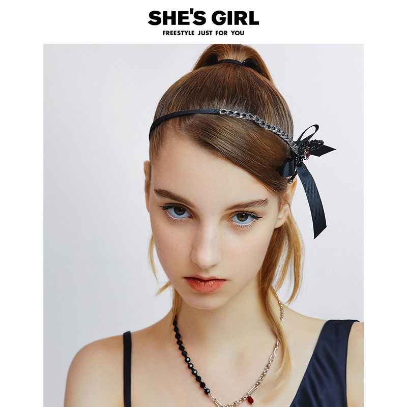 shesgirl茜子暗夜玫瑰原创小众细款金属链条拼接蝴蝶结发箍头箍