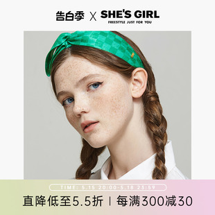 shesgirl茜子复古绿色蝴蝶结棋盘格设计感小众高颅顶发箍头箍女