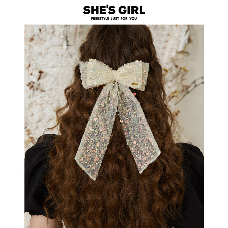 shesgirl茜子网纱梦幻大号蝴蝶结高级感飘带平行夹半发发夹发卡
