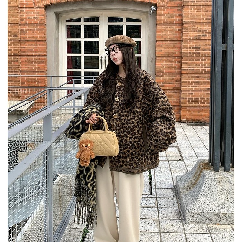 2025新款中式豹纹外套女秋冬上衣设计感宽松显白显瘦年轻小众慵懒