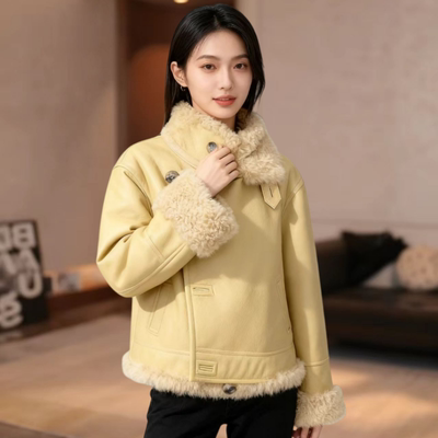 黄黄色皮毛一体羊羔绒小香风毛毛外套女款2025秋季新款小个子短款